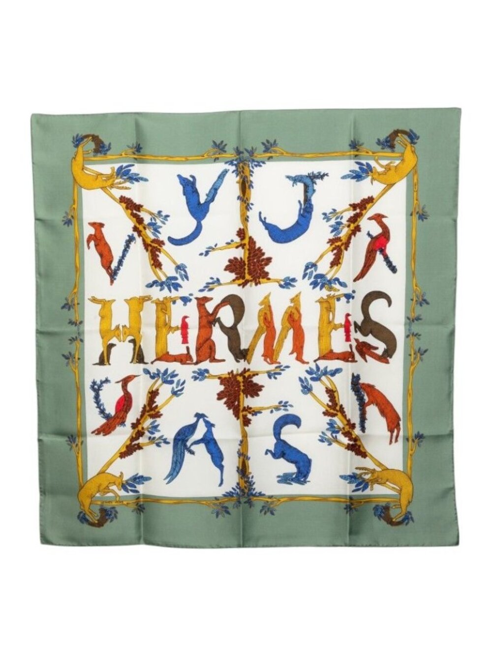 Hermes Carre 90 Animal Alphabet Scarf Green Multicolor Silk